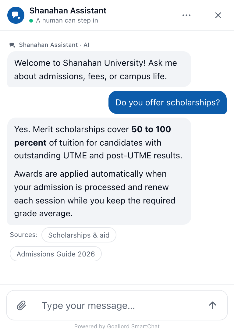The SmartChat widget answering a question about scholarships, with source citations shown under the reply